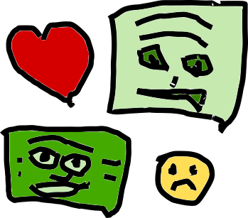 Illustration of two chat bubbles, a heart, and a sad face.